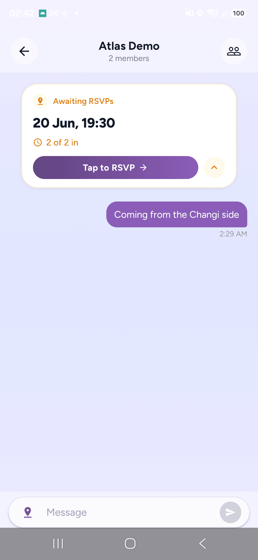 Group chat with a meet-up card and members coordinating