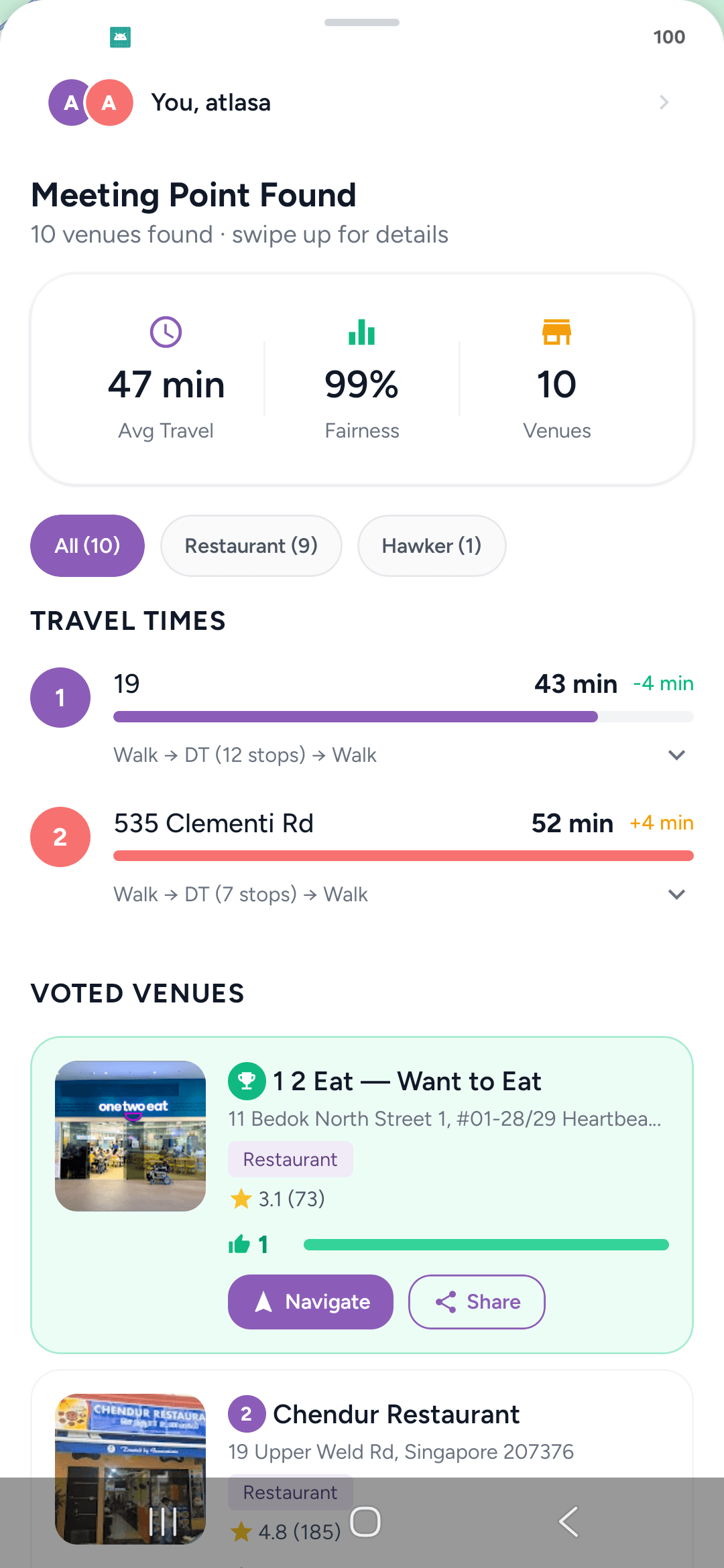 Result screen showing 99% fairness and per-person travel times within four minutes of each other