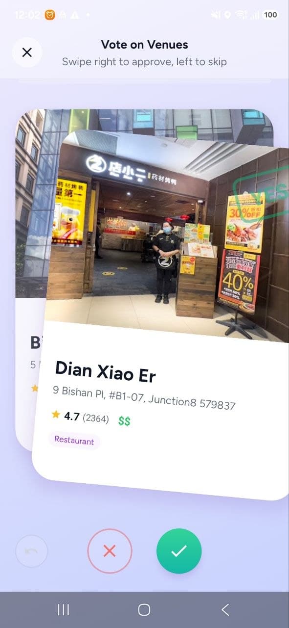 Swiping to vote on a venue near the meeting point