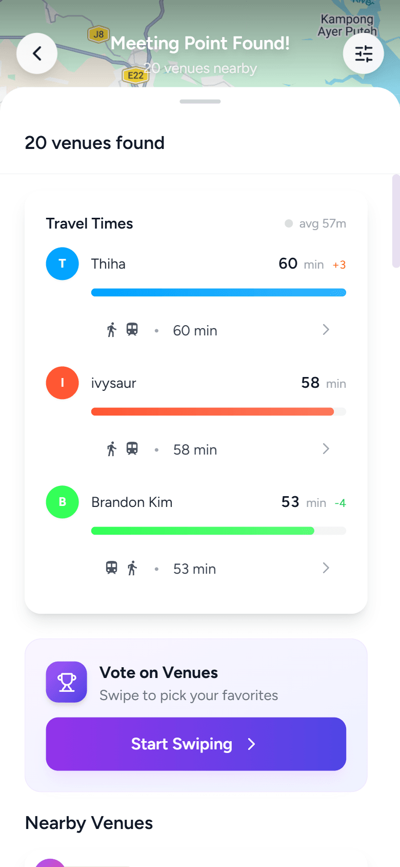 Travel time breakdown with colored bars