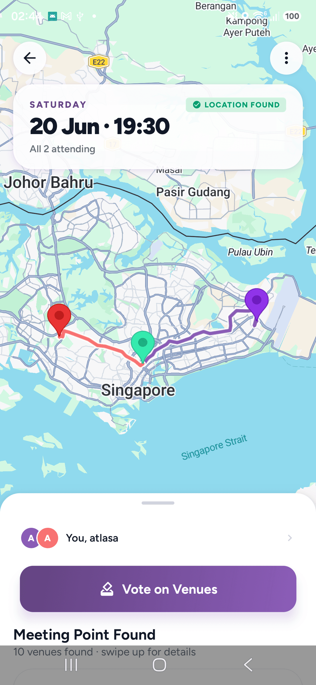 MidWhereAh result screen: the fair meeting point found in Singapore with each person's route