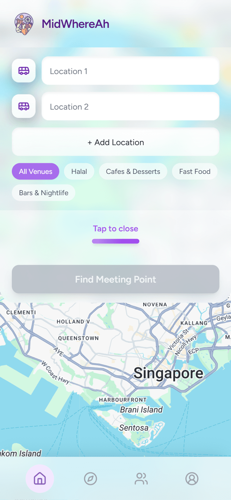 Location input screen with venue filters