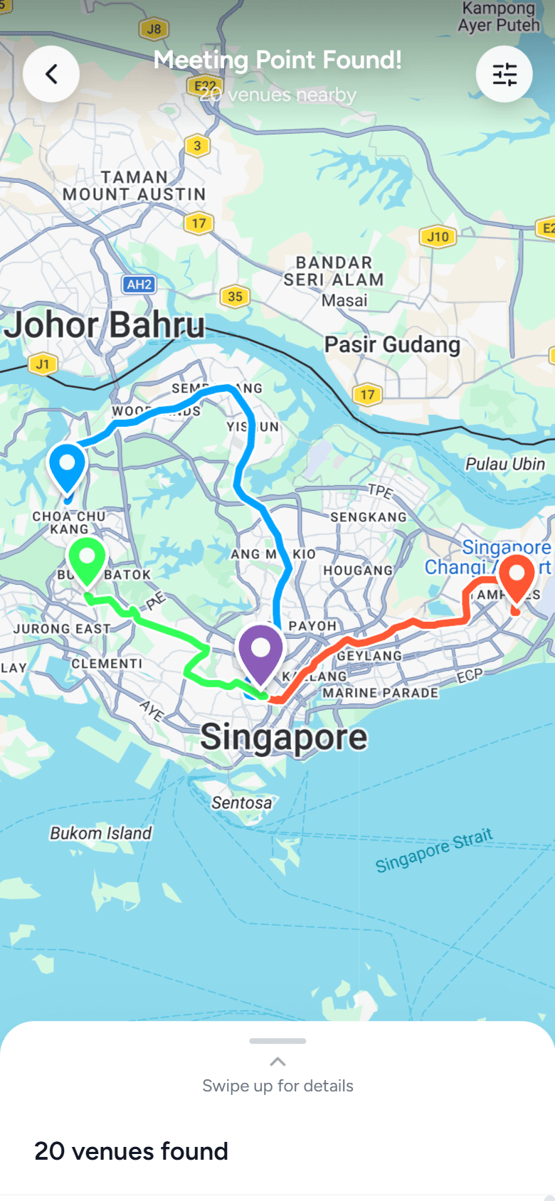 Map screen showing meeting point found in Singapore