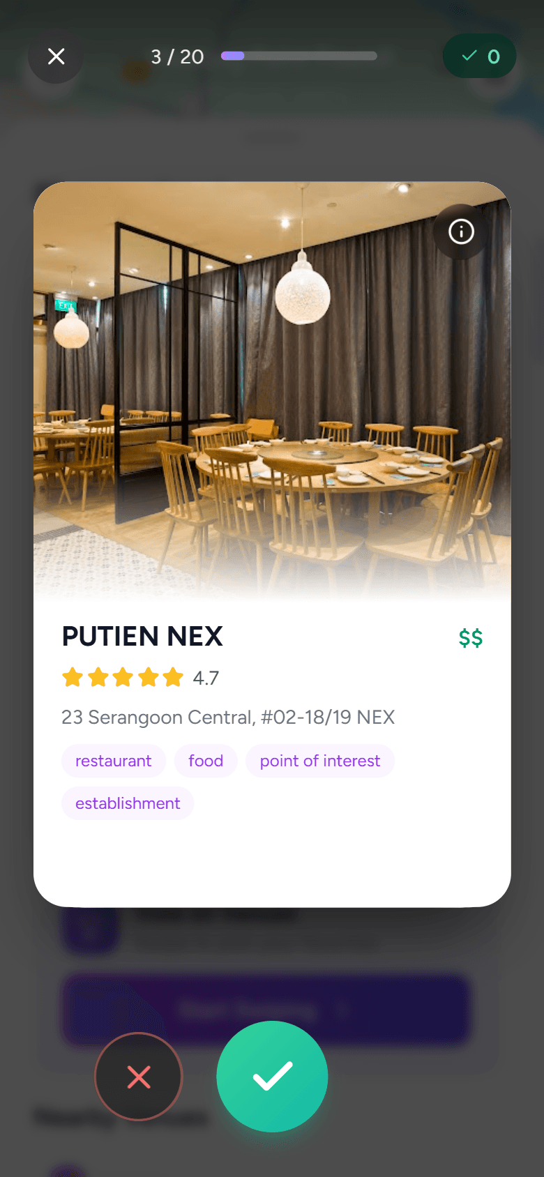 Venue swipe card showing restaurant details